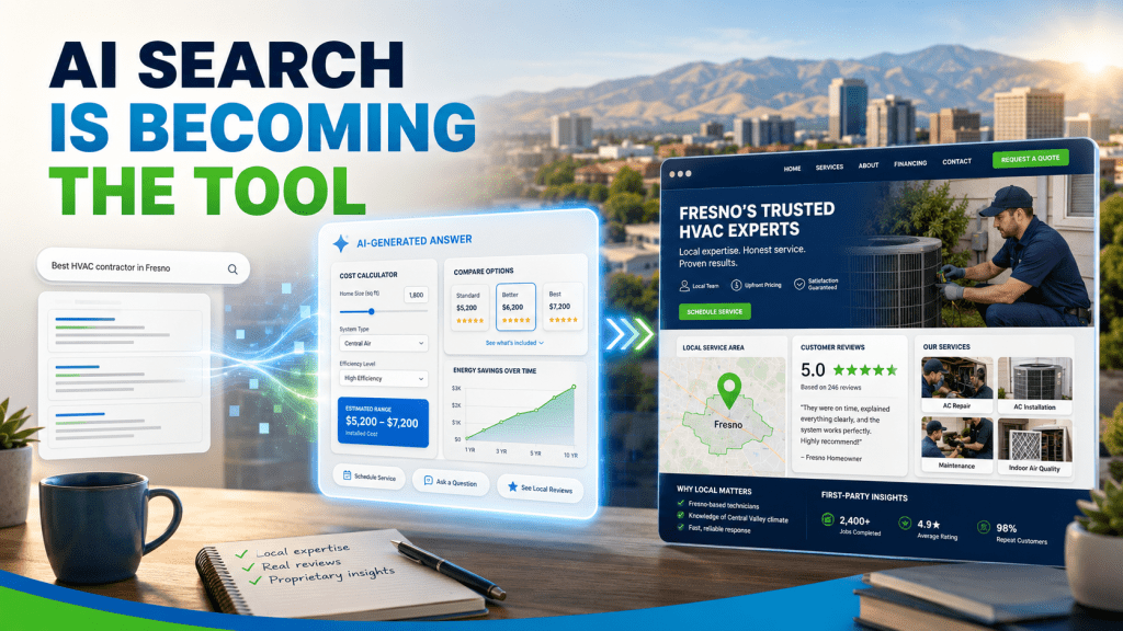  AI search generates an interactive tool while a Fresno local business website emphasizes reviews, local expertise, and proprietary insights.